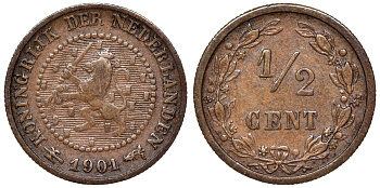 Нидерланды 1/2 цента 1901 Вильгельмина (1890-1948) KM 109 бронза    4115-329