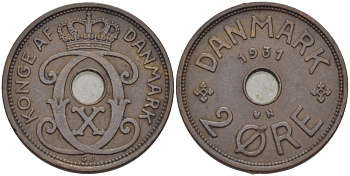 ДАНИЯ 2 ЭРЕ 1931 N; GJ, КРИСТИАН X (1912-1947) KM 827.2 бронза 28-346