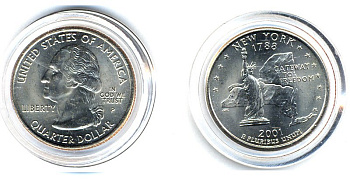 США 25 центов = квотер 2001 Р, серия штаты США, Нью-Йорк KM 318 медь плакированная медно-никелем UNC 61-655
