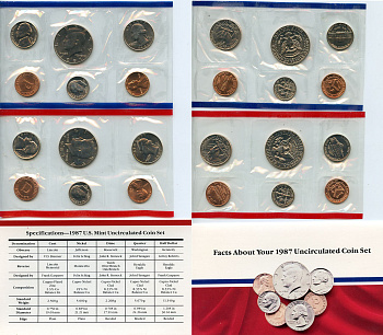 США официальный набор из 10 монет и 2 жетонов 1987 1, 5, 10, 25 и 50 центов, монетные дворы P и D, в оригинальном конверте KM MS 151   UNC  1181-4-01