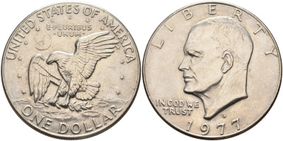 США 1 доллар 1977 D, Президент Эйзенхауэр, лунный орел KM А203 медь плакированная медно-никелем 4578-134