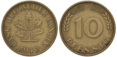 ФРГ 10 пфеннигов 1949 J KM 103, J. 378 сталь плакированная латунью 4163-244