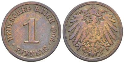 ГЕРМАНИЯ 1 ПФЕННИГ 1906 J KM 10, Jager. 10, Weege 2 медь 4528-1239