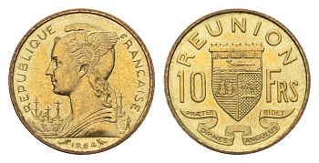 Реюньон 10 франков 1964 KM 10 алюминиевая бронза UNC 4127-1841
