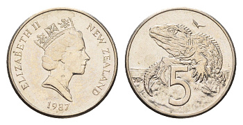 Новая Зеландия 5 центов 1987 Елизавета II (1952-2022), ящерица гаттерия KM 60 медно-никель UNC 4669-621