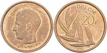БЕЛЬГИЯ 20 ФРАНКОВ 1980 BELGIE, БОДУЭН I (1951-1993) KM 160 никель бронза 68-245