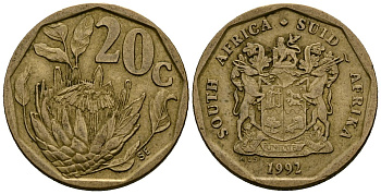 ЮАР 20 центов 1992 герб, цветок протея KM 136 сталь плакированная латунью 4173-962