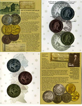 США НАБОР ИЗ ТРЕХ МОНЕТ 1795 РЕПЛИКА ПЕРВОГО СЕРЕБРЯННОГО ДОЛЛАРА ADOLTED DESIGN, FLOWING HAIR, РАЗВИВАЮЩИЕСЯ ВОЛОСЫ, В ТРЕХ ИСПОЛНЕНИЯХ, СЕРЕБРЕНИЕ, ПОЗОЛОТА, МЕДЬ, ТИРАЖ 27500 ЭКЗ., В ОРИГИНАЛЬНОМ КАРТОННОМ БУКЛЕТЕ PROOF 00-00
