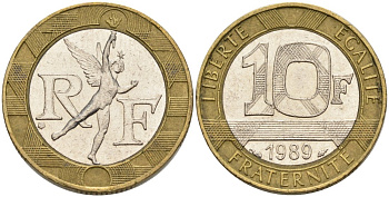 Франция 10 франков 1989 тип гений Бастилии KM 964.1, Le Franc 375.3 биметалл  4573-1021
