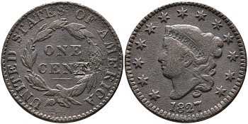 США 1 ЦЕНТ 1827 ЛИБЕРТИ, ДИАМЕТР 28,5 ММ., РОБЕРТ СКОТ медь 32-131