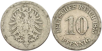 ГЕРМАНИЯ 10 ПФЕННИГОВ 1875 A, СТАРОГЕРБОВКА KM 4, J. 4 медно-никель 4401-237