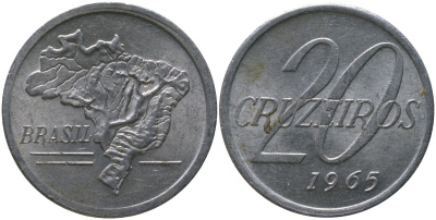 Бразилия 20 крузейро 1965 KM 573 алюминий 4577-1053