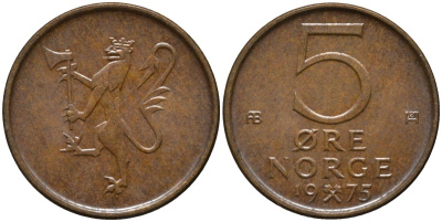 Норвегия 5 эре 1975 Улаф V (1958-1991) KM 415 бронза 206-151