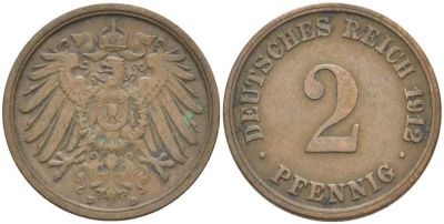 Германия 2 пфеннига 1912 D KM 16, J. 11, Weege 4 медь 212-357