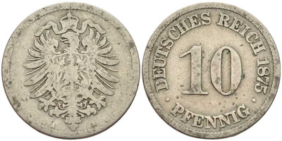 ГЕРМАНИЯ 10 ПФЕННИГОВ 1875 A, СТАРОГЕРБОВКА KM 4, J. 4 медно-никель 4401-237