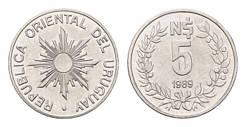 Уругвай 5 новых песо 1989 KM 92 нержавеющая сталь UNC 4684-1247