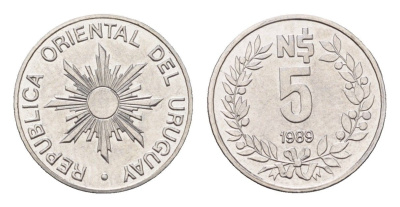Уругвай 5 новых песо 1989 KM 92 нержавеющая сталь UNC 4684-1247