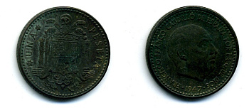 ИСПАНИЯ 1 ПЕСЕТА 1947 ФРАНСИСКО ФРАНКО ДИКТАТОР ИСПАНИИ (1939-1975) KM 775 алюминиевая бронза 56-832