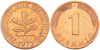ФРГ 1 ПФЕННИГ 1975 J KM 105, J.380 сталь плакированная медью 4532-1264