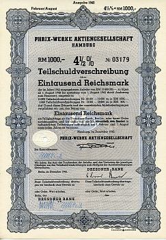 Германия 1000 рейхсмарок 1942 АО Phrix-Werke, Гамбург, 4 1/2% облигация   бумага   8804-105-1