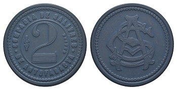 Чили, Антофагаста (Antofagasta) шахтерский жетон с Селитряного рудника для покупки в местных магазинах, номиналом в 2 песо около 1904 диаметр 40 мм, вес 4,06 гр Espinosa 22.11 эбонит (синий) 1094-11-44