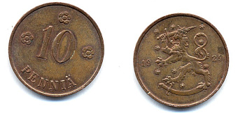 Финляндия 10 пенни 1929 республика (1918-1962) KM 24 медь 51-5313
