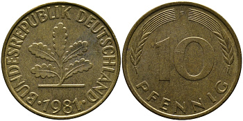 ФРГ 10 ПФЕННИГОВ 1981 F KM 108, J.383 сталь плакированная латунью 33-147