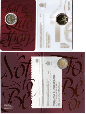 Сан-Марино 2 евро 2016 400 лет со дня смерти Уильяма Шекспира, в оригинальном буклете KM 547 биметалл UNC 8-2-01-17