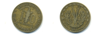 ЗАПАДНАЯ АФРИКА 10 ФРАНКОВ 1959 KM 1 алюминиевая бронза 86-1637