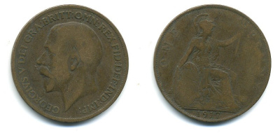 Великобритания 1 пенни 1917 Георг V (1910-1936) КМ 810, Spink 4051 бронза 4110-143