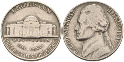 США 5 центов 1946 Джефферсон KM А192 медно-никель 92-953