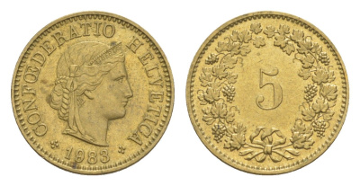 Швейцария 5 раппенов 1983 KM 26c алюминиевая бронза 4611-1241