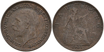 Великобритания 1 фартинг 1931 Георг V (1910-1936) KM 825, Spink 4061 бронза 4596-956