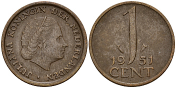 Нидерланды 1 цент 1951 Юлиана (1949-1980) KM 180 бронза    4598-145