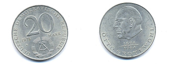 ГДР 20 марок 1973 А, Отто Гротеволь (1894-1964) KM 47 медно-никель 3333-436