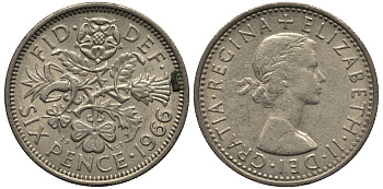 Великобритания 6 пенсов 1966 Елизавета II (1952-2022) KM 903, Spink 4149 медно-никель 4538-652