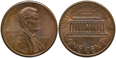 США 1 ЦЕНТ 1991 ЛИНКОЛЬН KM 201b цинк плакированный медью 3955-422