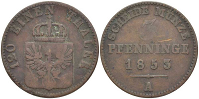 ПРУССИЯ 3 ПФЕННИГА 1853 А, ФРИДРИХ ВИЛЬГЕЛЬМ (1840-1861) KM 453 медь 117-213