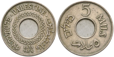 Израиль, Палестина 5 милсов 1939 британская администрация (1927-1948) KM 3 медно-никель    4154-415