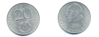 ГДР 20 марок 1973 А, Отто Гротеволь (1894-1964) KM 47 медно-никель 3333-436