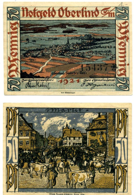 Оберлинд 50 пфеннигов 1921 нотгельд (номер 3 Markt), земля Тюрингия Grabowski 999.1а бумага 2195-25-1-1