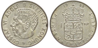 Швеция 1 крона 1964 U, Густав VI Адольф (1950-1973) KM 826 серебро 4178-456