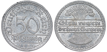 Германия 50 пфеннигов 1921 A KM 27, J. 301 алюминий aUNC 4114-611
