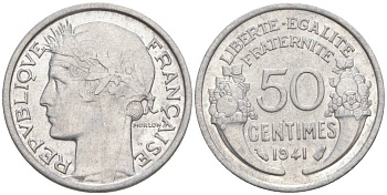 ФРАНЦИЯ 50 САНТИМОВ 1941 ТИП MORLON LOURDE KM 894.1a, LE FRANC 193.2 алюминий 44-265