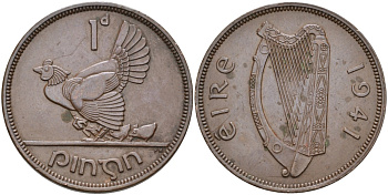 Ирландия 1 пенни 1941 курица с цыплятами KM 11 бронза 88-825