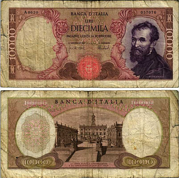 Италия 10000 лир 1973 Микеланджело Pick 97f бумага 8518-40-1-2