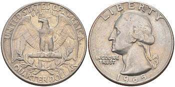 США 25 центов (квотер) 1965 Вашингтон KM 164a медь плакированная медно-никелем 08-636