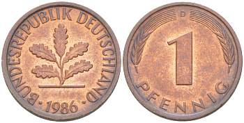 ФРГ 1 ПФЕННИГ 1986 D KM 105, J. 380 сталь плакированная медью 4181-662