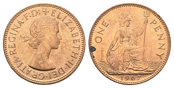 Великобритания 1 пенни 1967 Елизавета II (1952-2022) KM 897, Spink 4157 бронза UNC 4661-942