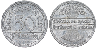 Германия 50 пфеннигов 1921 A KM 27, J. 301 алюминий aUNC 4114-611